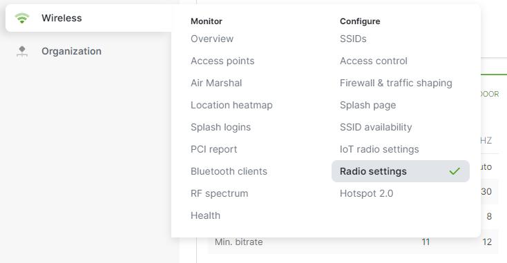 Meraki MR Access Point Radio Settings Option