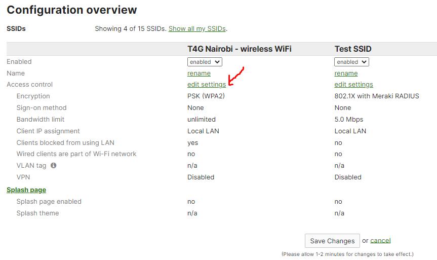 Meraki MR Access Point SSID Configuration Menu