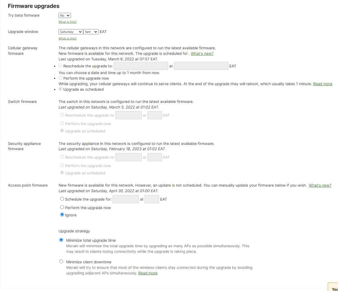 Meraki MR Access Point Update Firmware Configuration