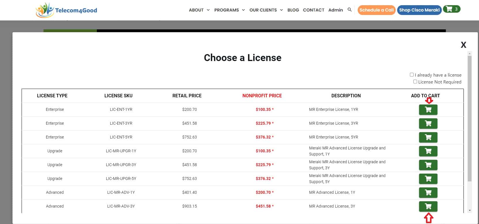 Cisco Meraki Devices Step2 Select A License
