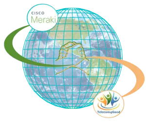 Cisco Meraki and Telecom4Good partnership logo with globe