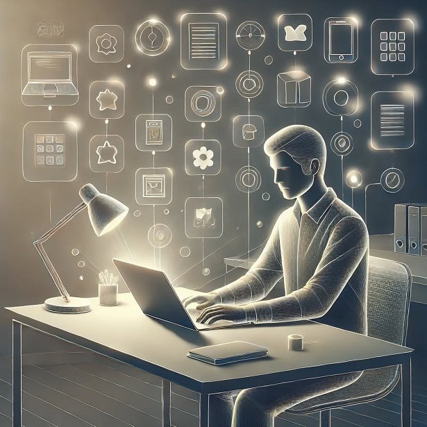 An elegant illustration of a person at a minimalist desk, surrounded by floating app icons. The scene reflects a balance between efficiency and potential overload, with a calm, organized atmospher