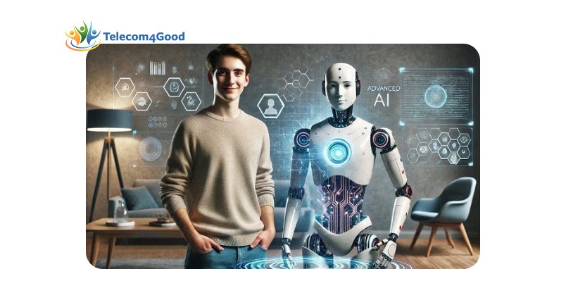 A normal person next to a robot with advanced AI technology in a modern and futuristic environment.